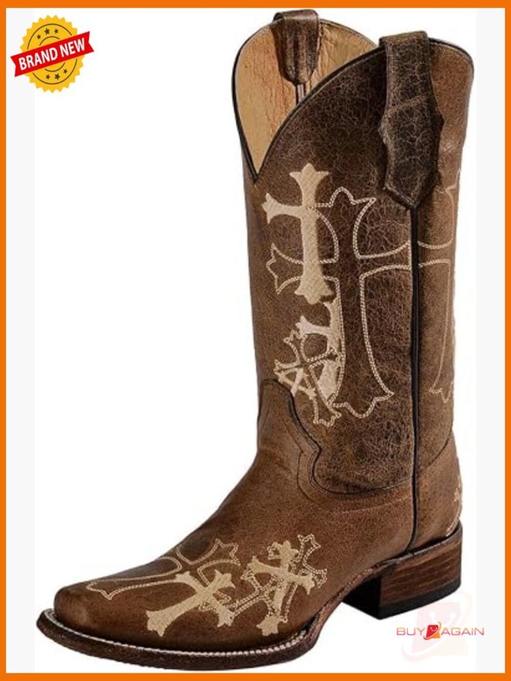 Distressed Leather Square Toe Embroidered Mid-Calf Boots - Picture 1 of 6